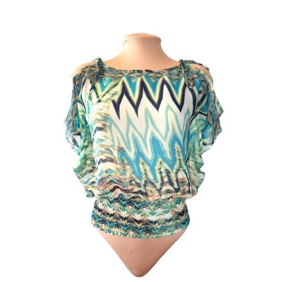 Wet Seal Tops - Wet Seal Sheer Green Abstract Print Tied Cold Shoulder Smock Waist Blouse Size M